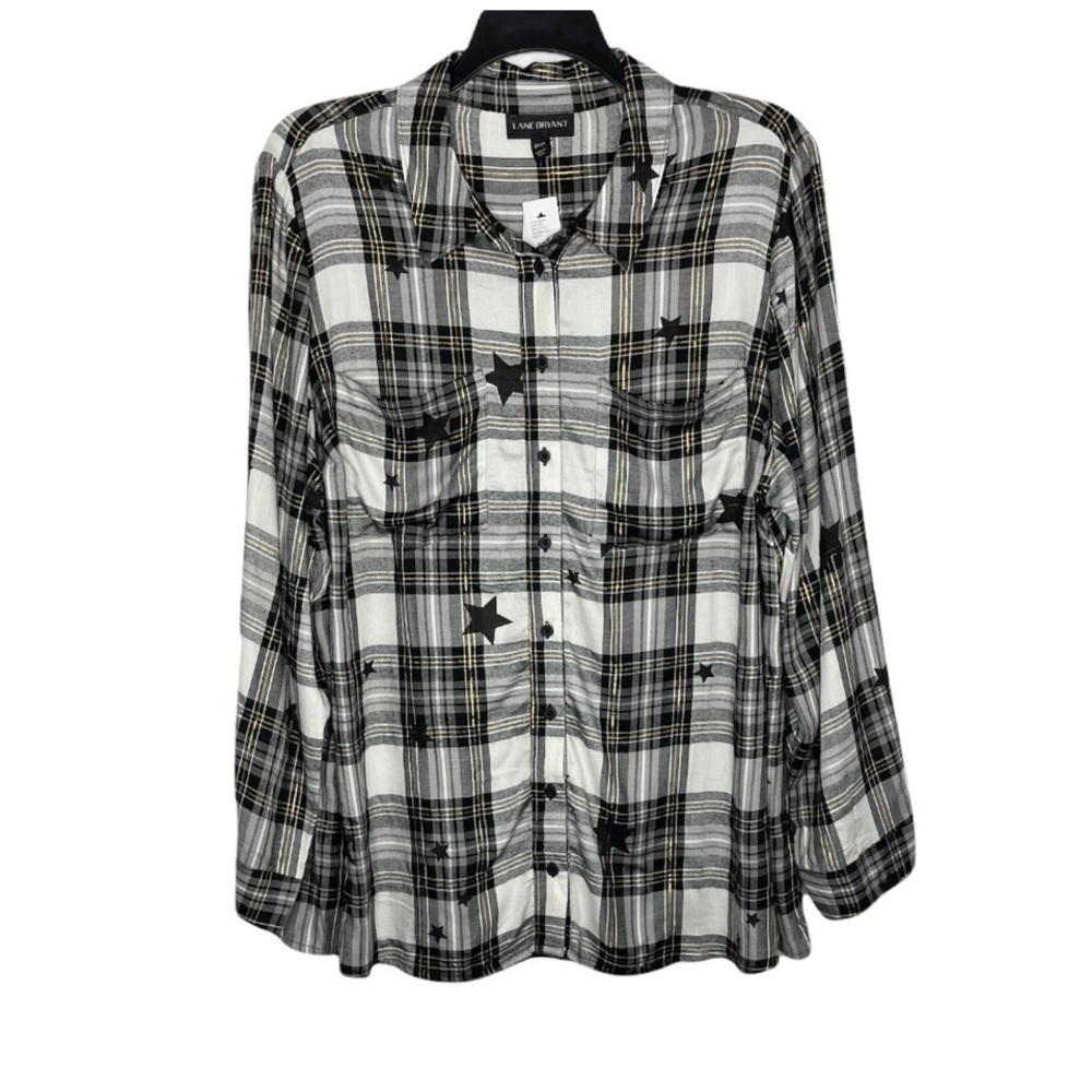 𝅺Lane Bryant No-Peek Button-Front Plaid Star Print Top Shirt NWT